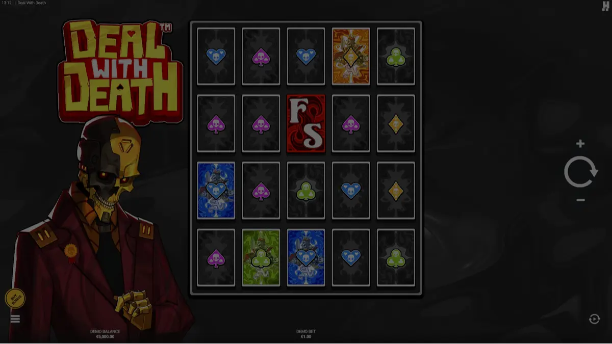 Deal With Death slot demo game window showing dark gambler theme with Joker cards