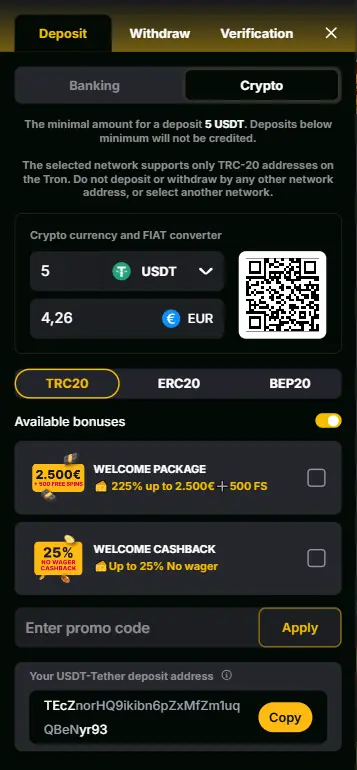 Deposit interface for Deal With Death casino
